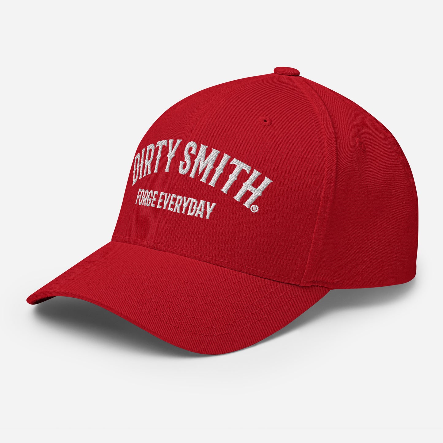 Dirty-Smith-hat-closed-back-structured-cap-red-left-front-66a55a3e2df7d