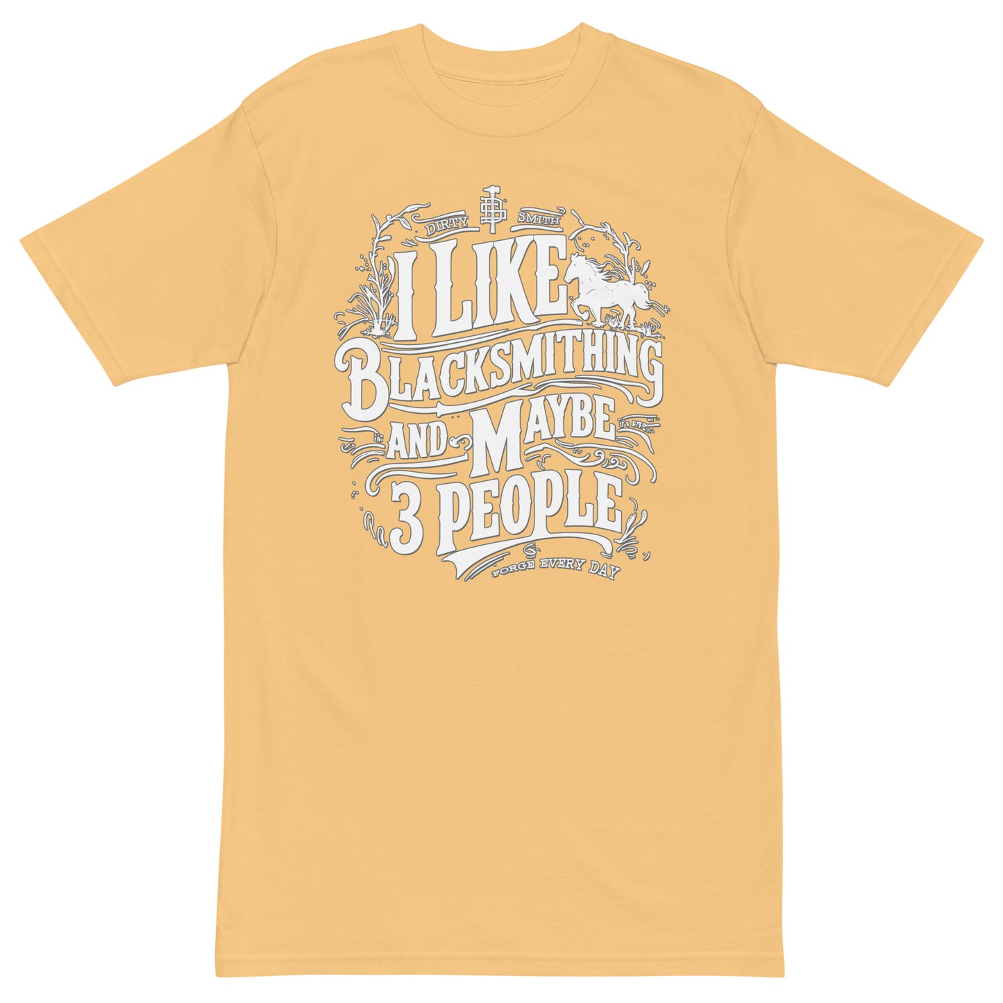 DirtySmiths mens-premium-heavyweight-tee-gold-front-I like blacksmithing-3-people