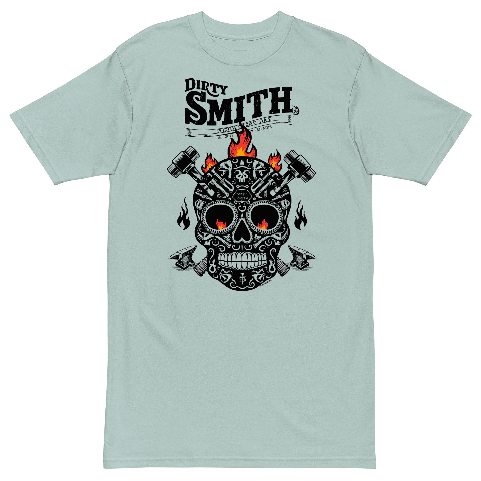 Dirty_Smith_Blacksmith_Shirt_Sugar-skull-v2_premium-heavyweight-tee-agave-front