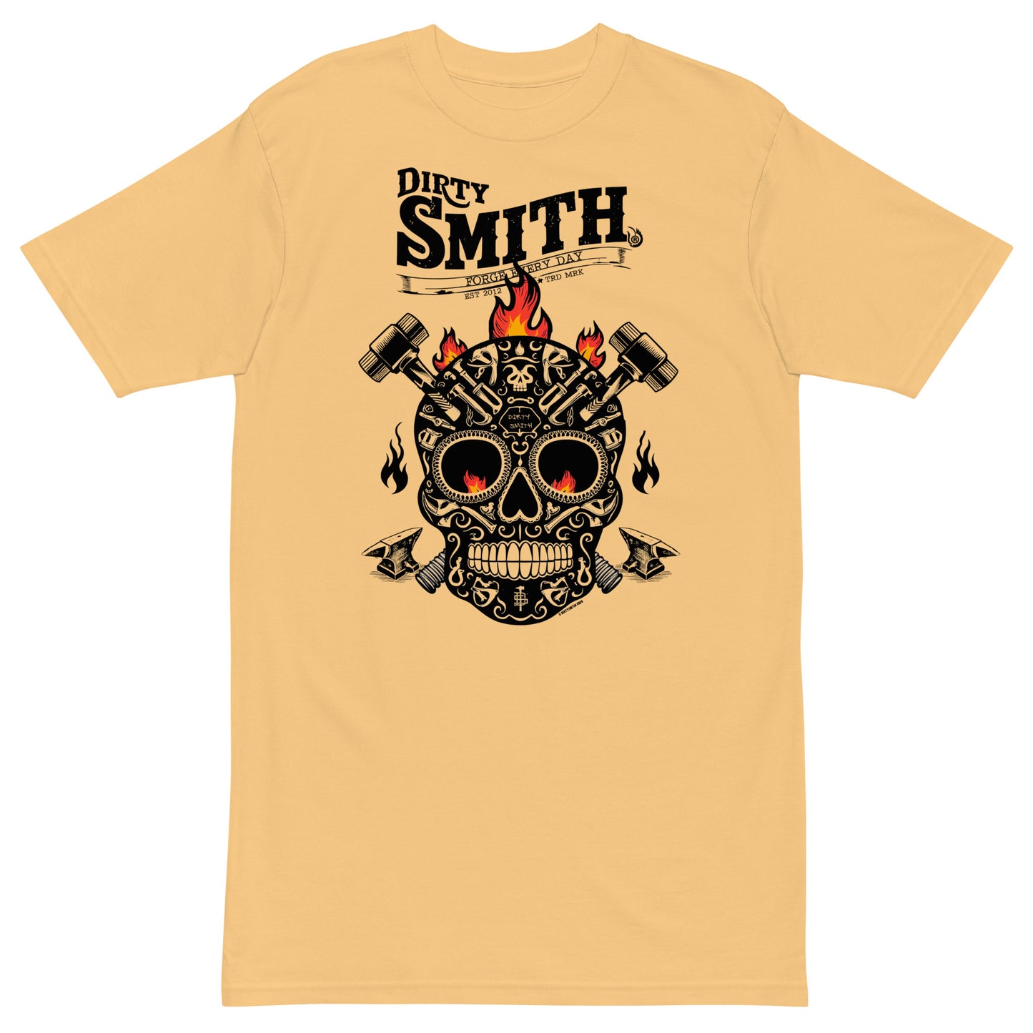 Dirty_Smith_Blacksmith_Shirt_Sugar-skull-v2_premium-heavyweight-tee-gold-front